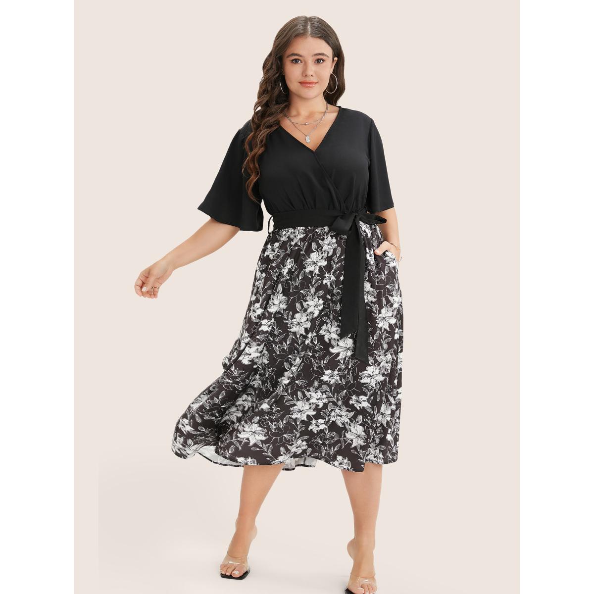 Plus Size Floral Patchwork Pocket Belt Surplice Neck Ruffle Hem Dress Black Women Timeless Patchwork V-neck Short sleeve Curvy Midi Dress BloomChic 12/L Product Image