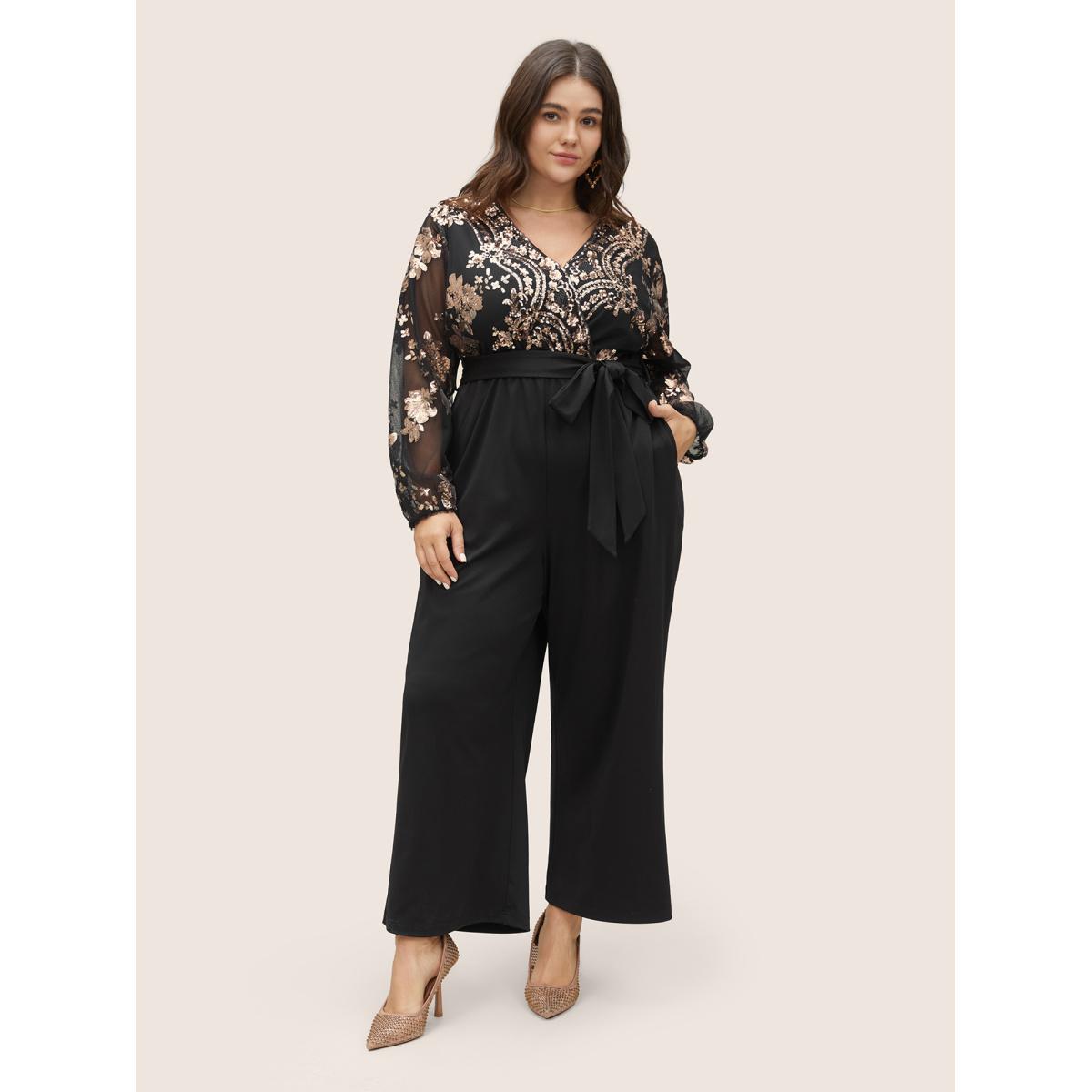 Plus Size Black Sequin Mesh Patchwork Wrap Belted Jumpsuit Women Cocktail Long Sleeve Overlap Collar Party Loose Jumpsuits BloomChic 10/M Product Image