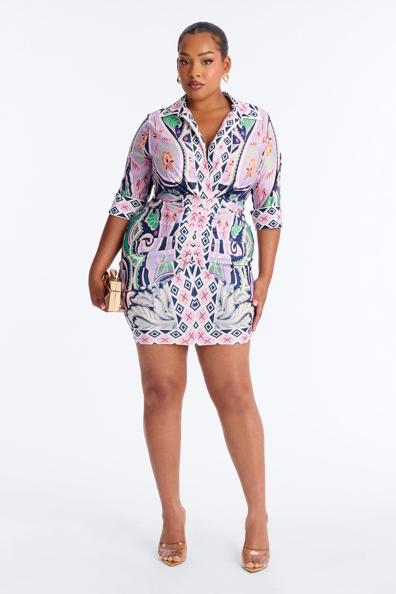 Delphine Ruched Printed Mini Dress - Purple/combo Female Product Image