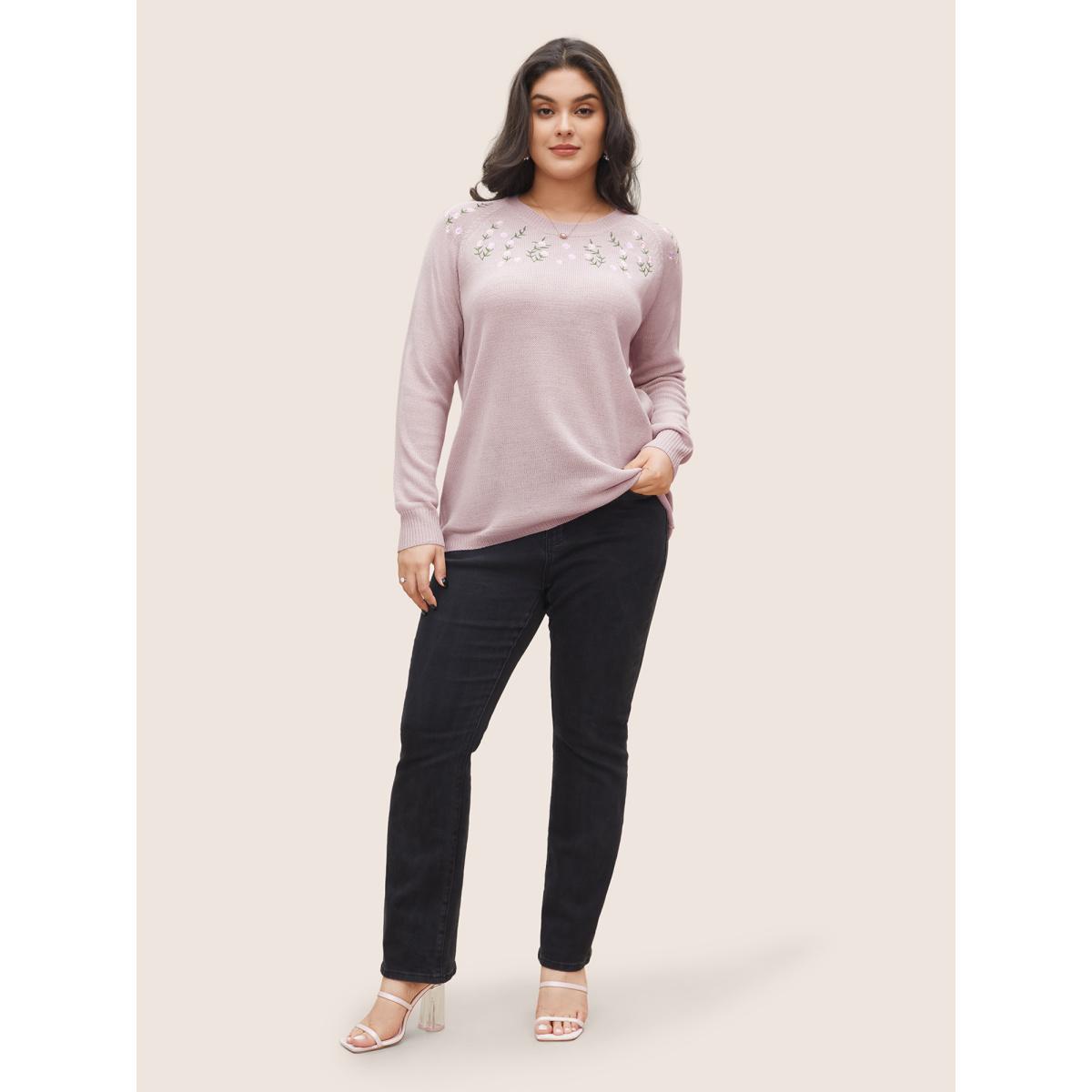 Plus Size Floral Embroidered Crew Neck Raglan Sleeve Pullover Lilac Women Elegant Long Sleeve Round Neck Everyday Pullovers BloomChic 28/5X Product Image