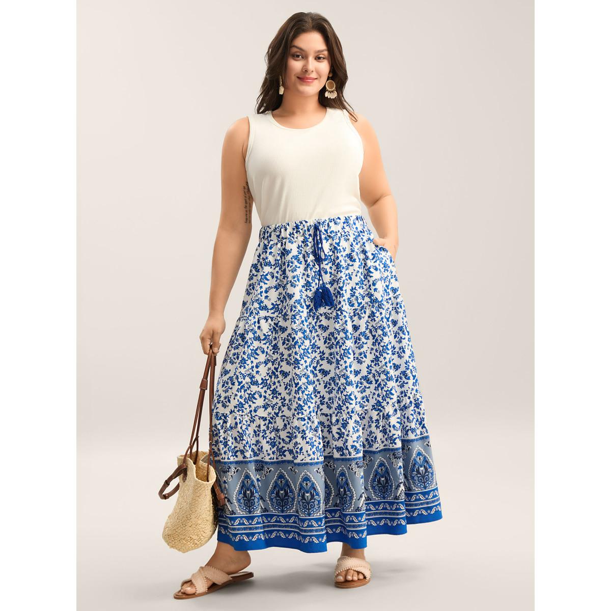 Plus Size Floral Boho Print Waist-Tie Maxi Skirt Women LightBlue Loose No stretch Side seam pocket Vacation Skirts BloomChic 18-20/2X Product Image