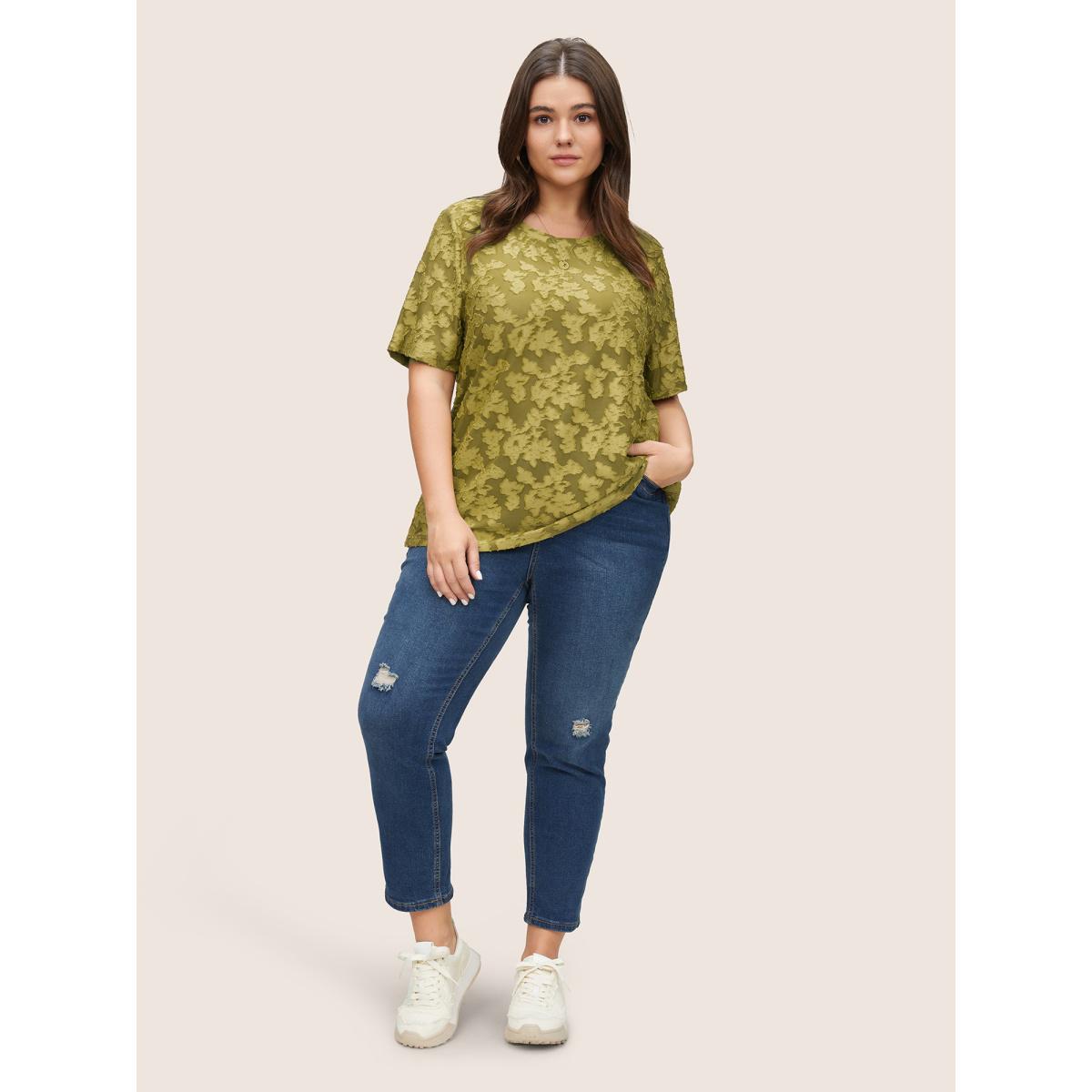 Plus Size Textured Silhouette Floral Print T-shirt Olive Women Elegant Texture Silhouette Floral Print Round Neck Everyday T-shirts BloomChic 12/L Product Image