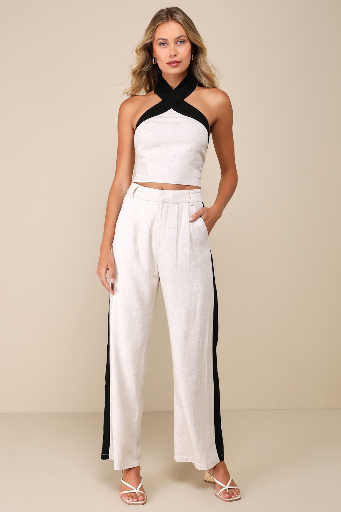 Exceedingly Cool Beige Color Block Linen Straight Leg Pants Product Image