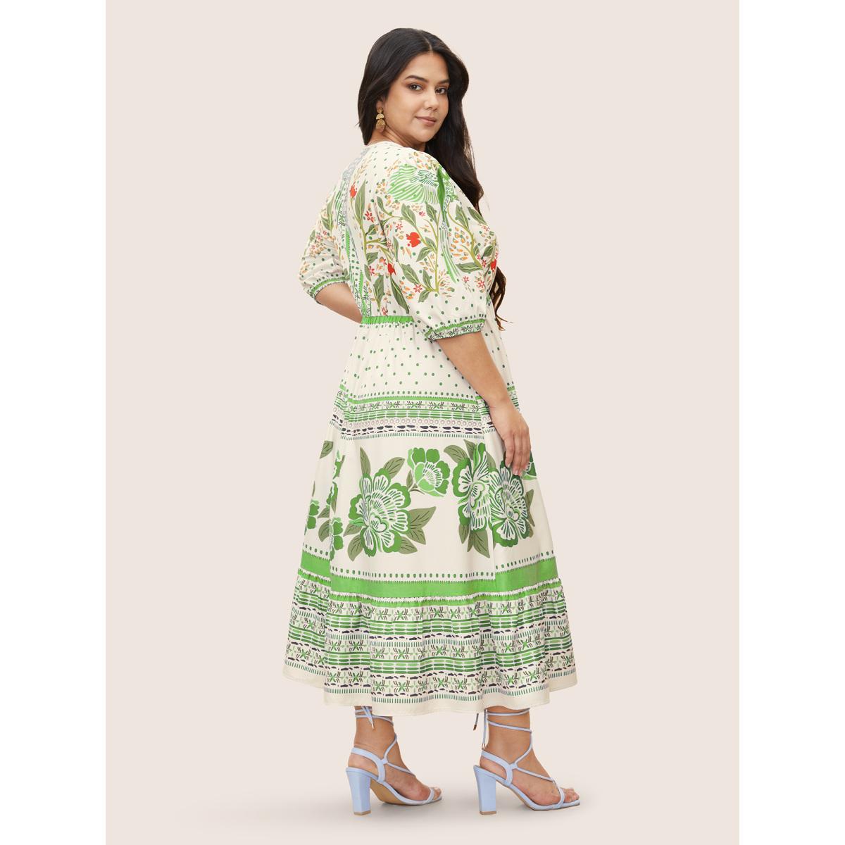 Plus Size V Neck Floral Print Elastic Waist Lantern Sleeve Dress Truegreen Women Resort Gathered V-neck Sleeveless Curvy Midi Dress BloomChic 14-16/1X Product Image