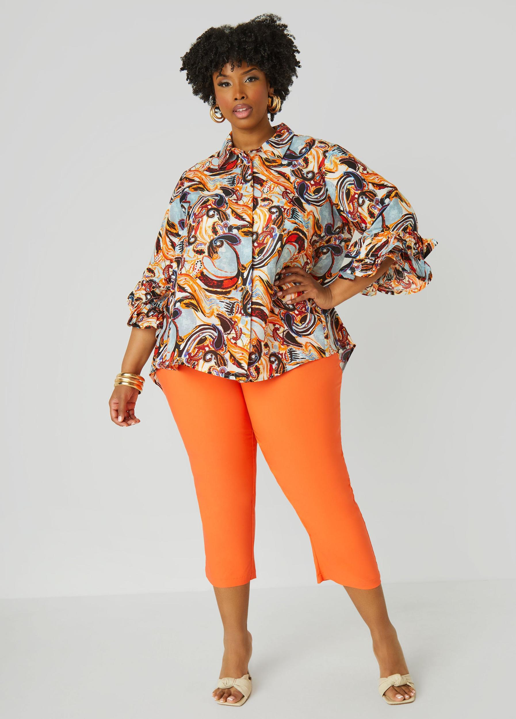 Plus Size Paisley Print Ruffle Sleeved Shirt Ashley Stewart Product Image
