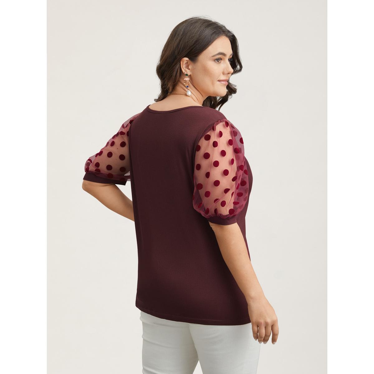 Plus Size Polka Dot Sheer Sleeve Square Neck T-Shirt Burgundy Women Elegant Texture Square Neck Bodycon Everyday T-shirts BloomChic 10/M Product Image