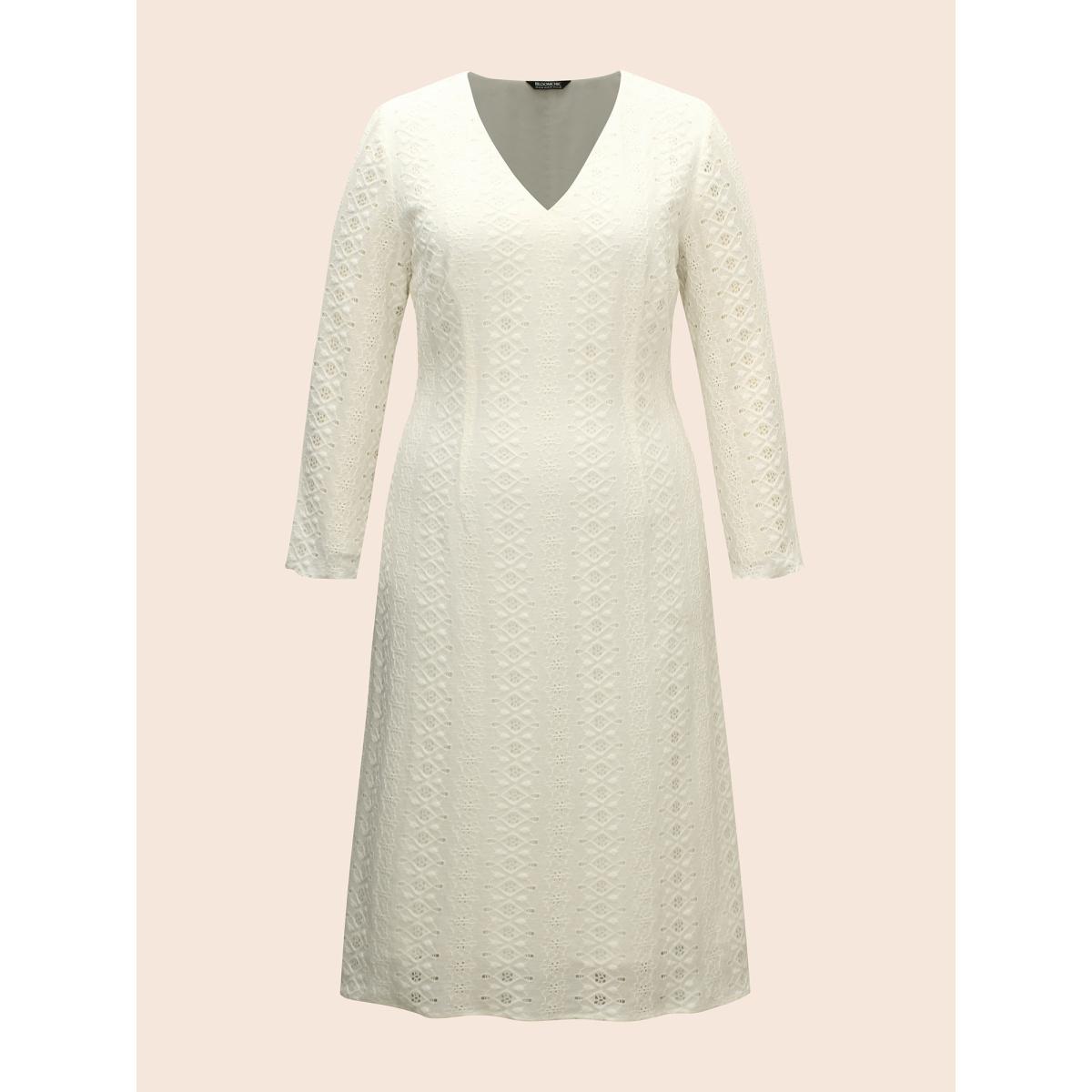 Plus Size Solid V Neck Broderie Anglaise Dress Ivory Women Casual Texture V-neck Extra Long Sleeve Curvy BloomChic 30/6X Product Image