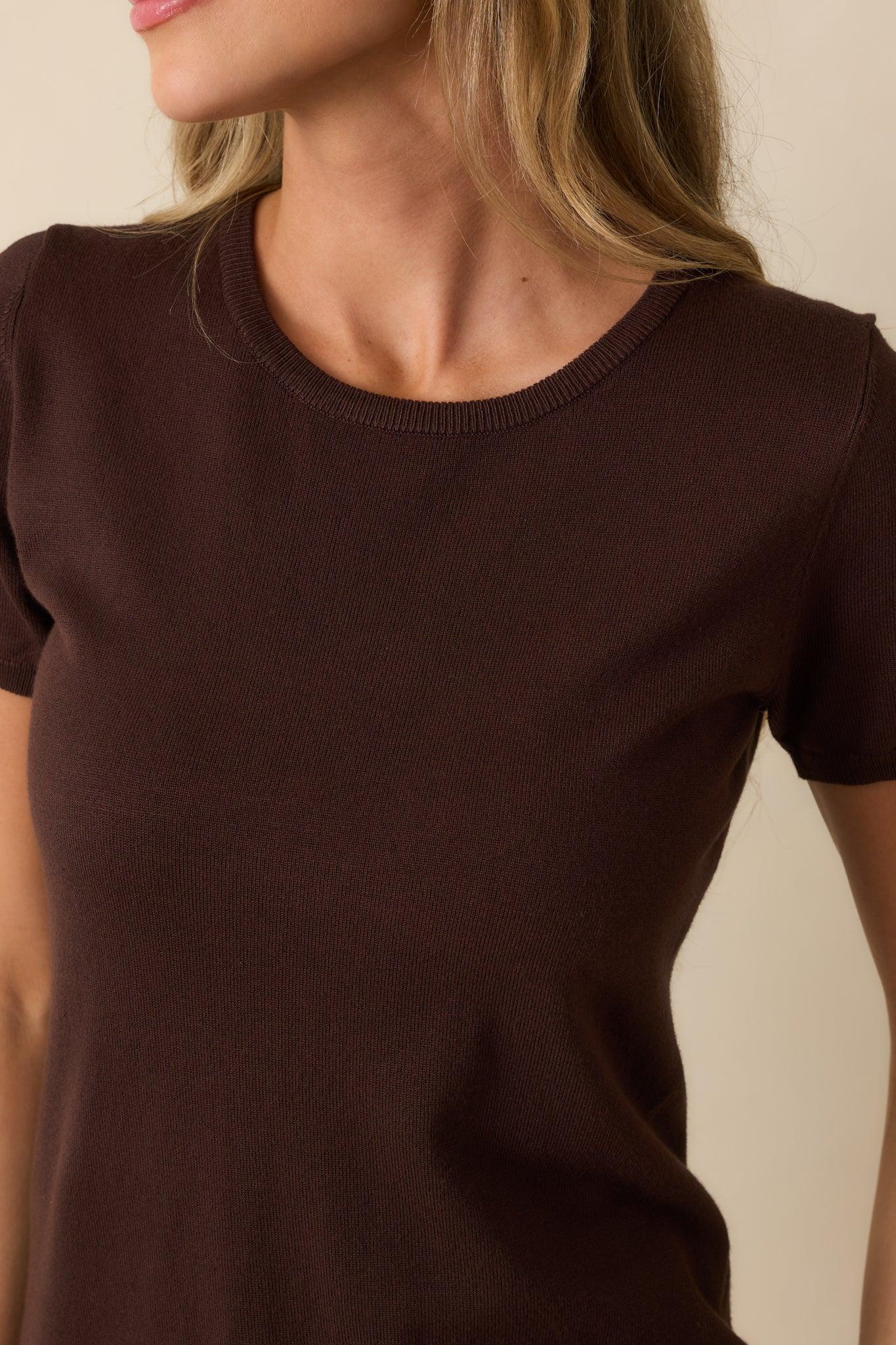Cross Your Mind Dark Brown Short Sleeve Sweater Top L / Brown Product Image