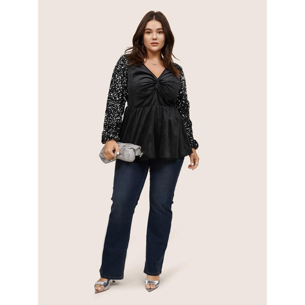 Plus Size Black Patchwork Velvet Twist Front Elastic Waist Sequin Blouse Women Glamour Long Sleeve V-neck Party Blouses BloomChic 10/M Product Image