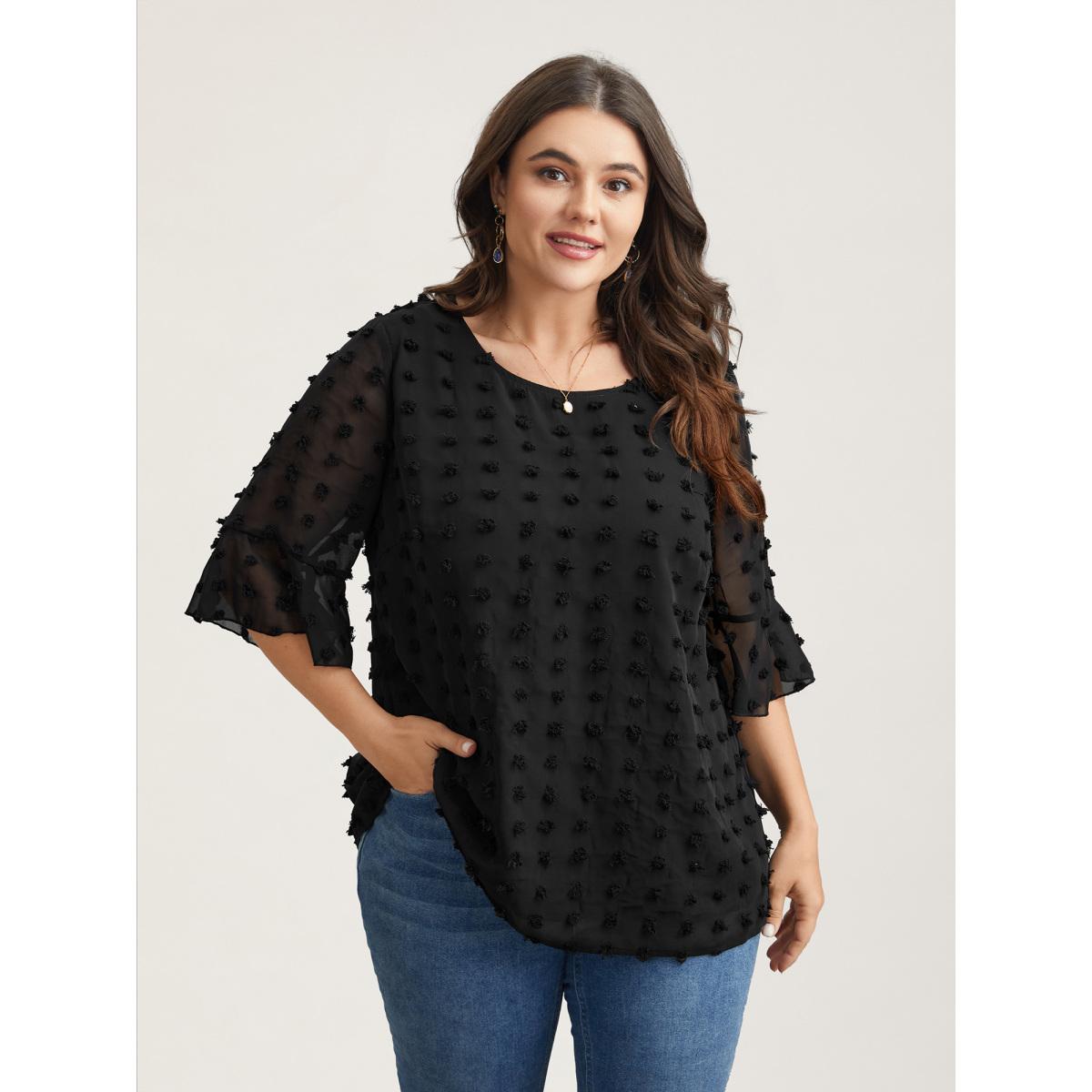 Plus Size Black Chiffon Polka Dot Round Neck Shirt Women Timeless Half Sleeve Round Neck Elegant Blouses BloomChic 30/6X Product Image