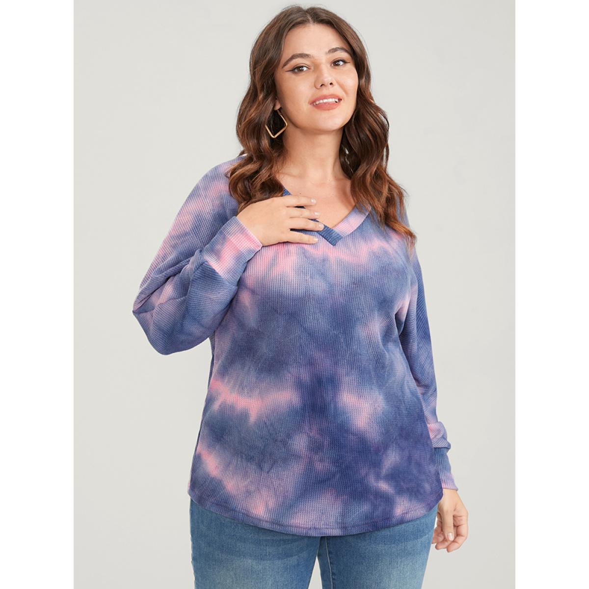 Plus Size Tie Dye Dolman Sleeve Waffle Knit Drop Shoulder Sweatshirt Women Indigo Casual Tie Dye Loose V-neck Dailywear Sweatshirts BloomChic 22-24/3X Product Image
