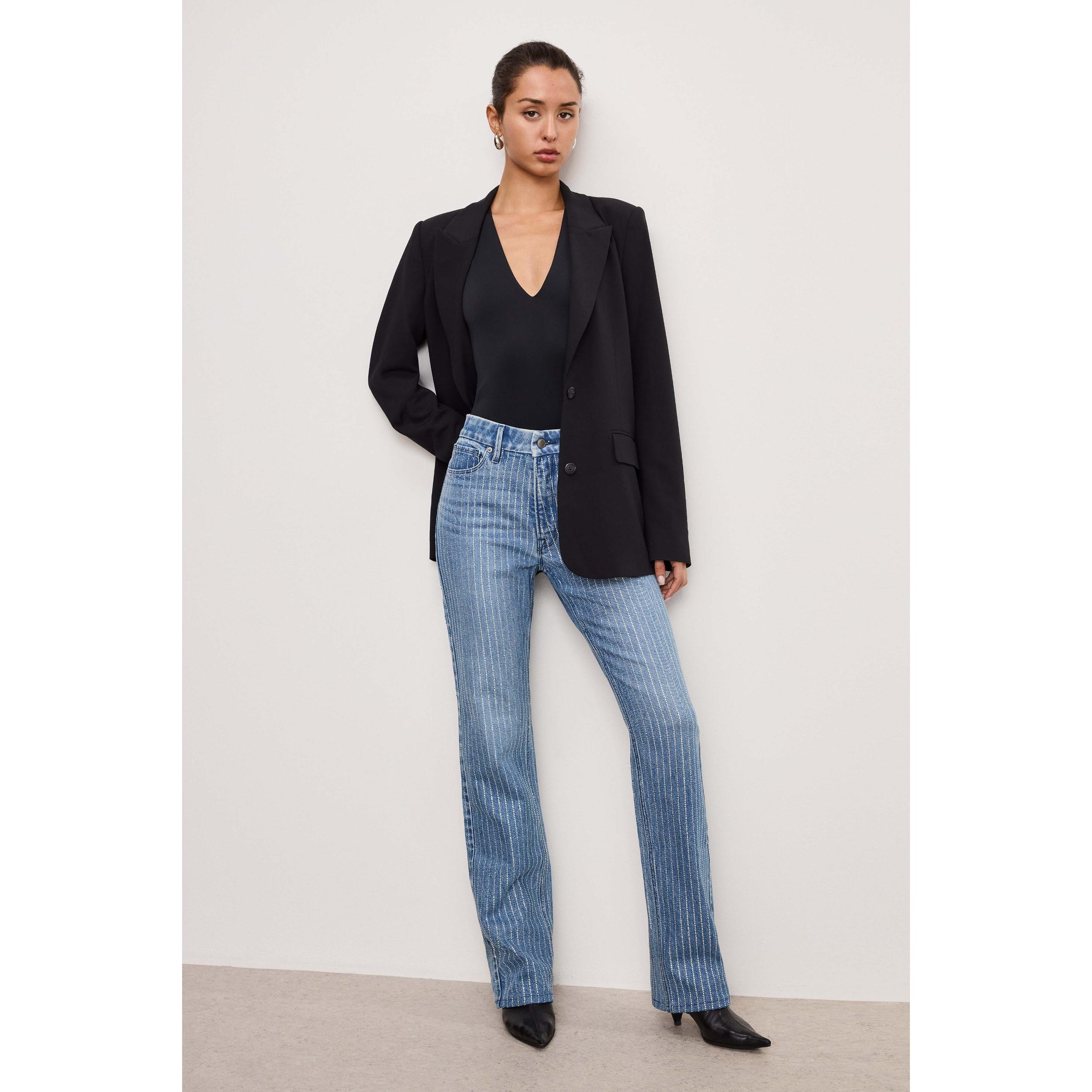 Womens Good Icon Rhinestone Pinstriped Jeans Product Image