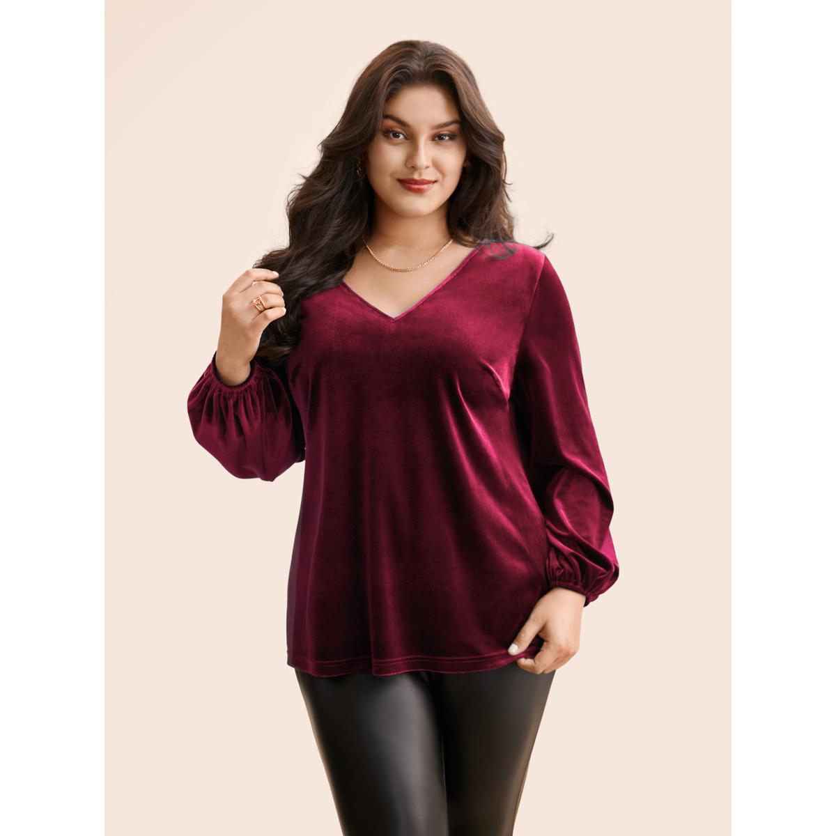 Plus Size Burgundy V Neck Velvet Lantern Sleeve Blouse Women Elegant Long Sleeve V-neck Everyday Blouses BloomChic 10/M Product Image