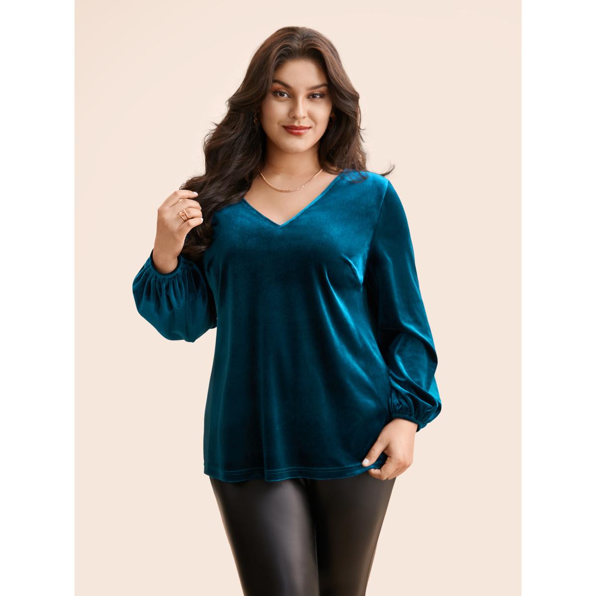 Plus Size Aegean V Neck Velvet Lantern Sleeve Blouse Women Elegant Long Sleeve V-neck Everyday Blouses BloomChic 14-16/1X Product Image