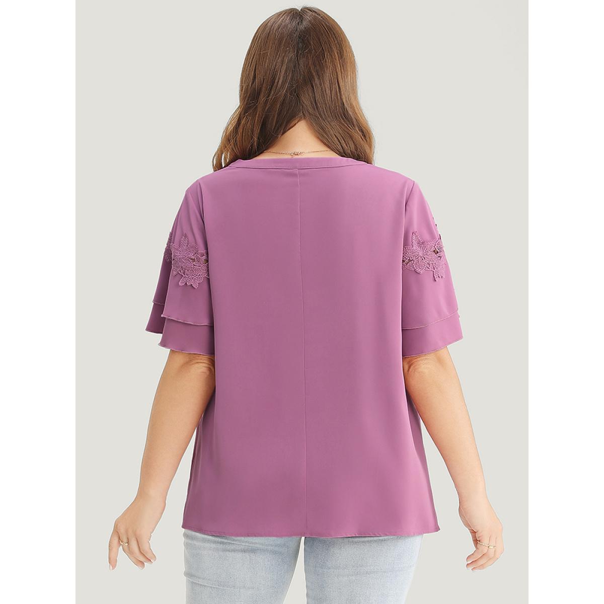 Plus Size Mauve Floral Patchwork Button Detail Ruffle Tiered Sleeve Blouse Women Elegant Short sleeve V-neck Dailywear Blouses BloomChic 10/M Product Image