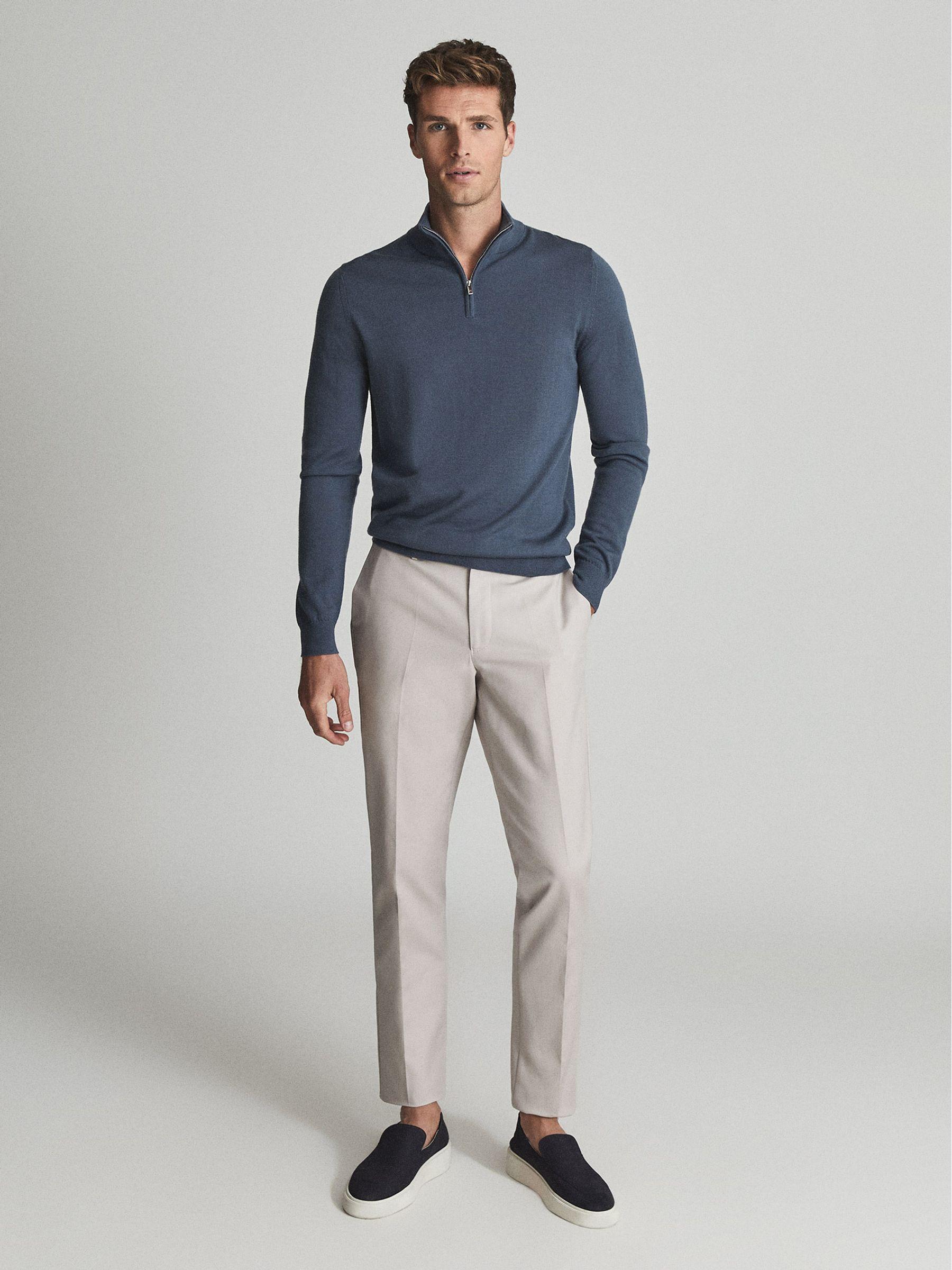 Merino Wool Half-Zip Funnel Neck Jumper in Steel Blue Product Image