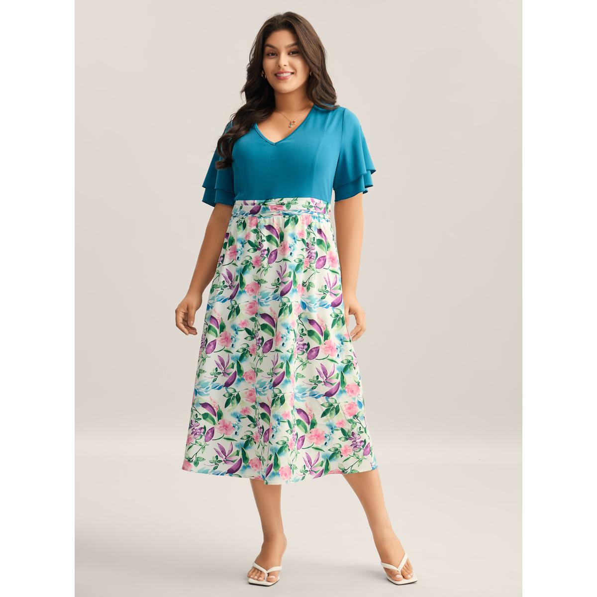 Plus Size Floral Print Layered Stretchy Waist Midi Dress Cerulean Women V-neck Short sleeve Curvy BloomChic 12/L Product Image
