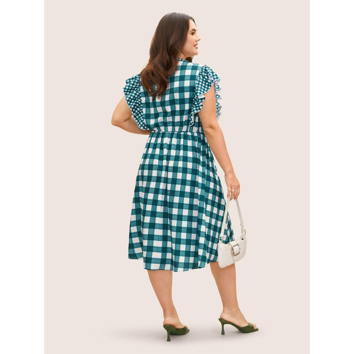 Plus Size Plaid Notched Ruffle Cap Sleeve Midi Dress Teal Women At the Office Patchwork Flat collar with V-notch Cap Sleeve Curvy BloomChic 22-24/3X Product Image