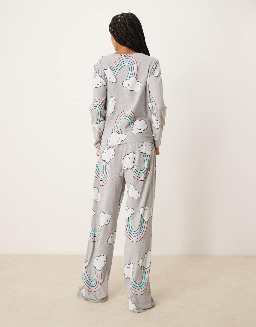ASOS DESIGN Tall rainbow long sleeve top & pants pajama set in gray heather Product Image