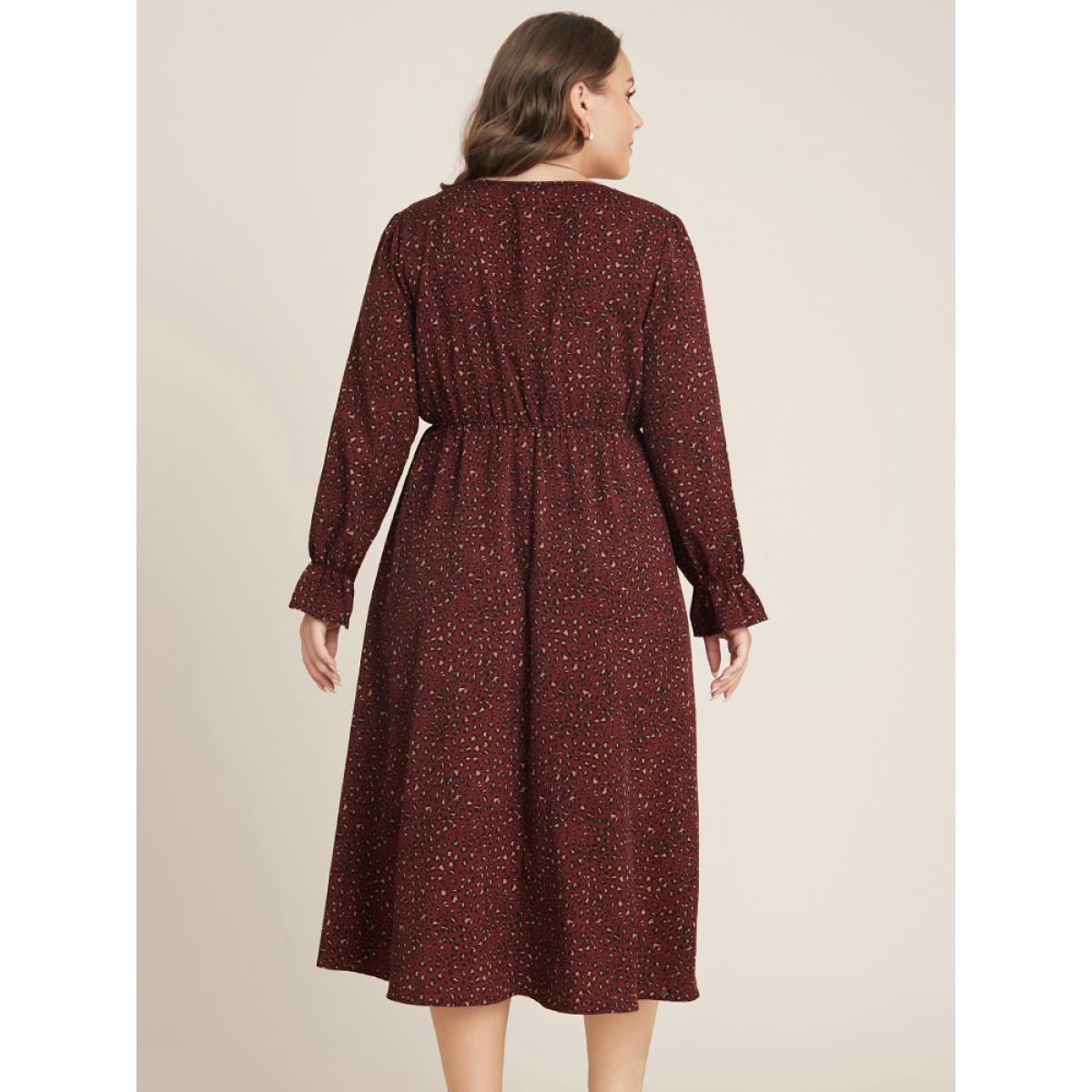 Plus Size Leopard Lantern Sleeve Pocket Wrap Midi Dress Scarlet Women Office Elastic Waist V-neck Long Sleeve Curvy Midi Dress BloomChic 10/M Product Image