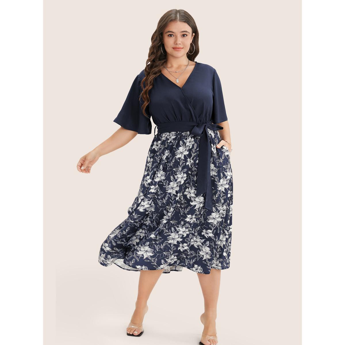Plus Size Floral Patchwork Pocket Belt Surplice Neck Ruffle Hem Dress Navy Women Elegant Patchwork V-neck Short sleeve Curvy Midi Dress BloomChic 22-24/3X Product Image