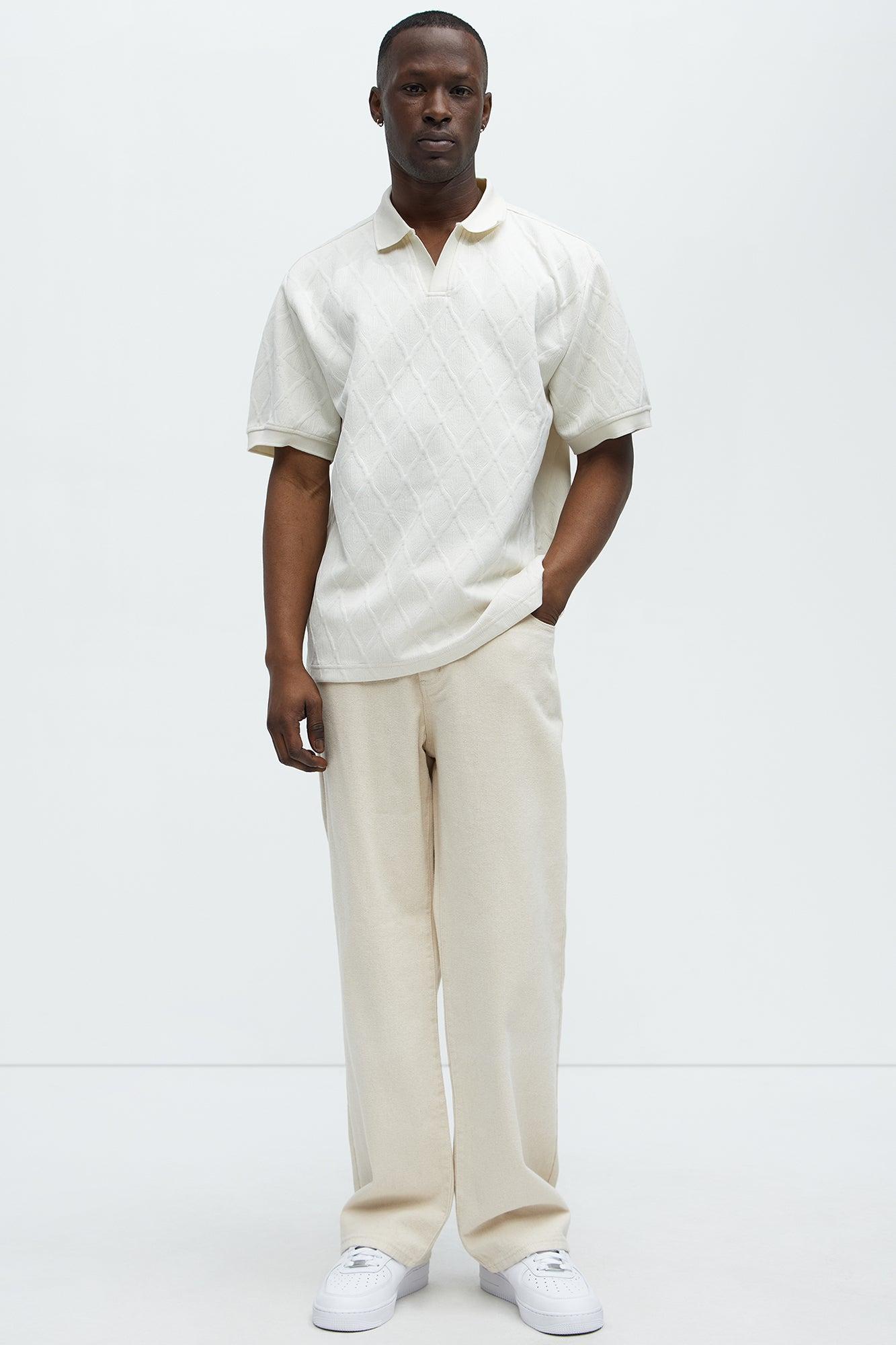 Diamond Textured Johnny Collar Polo - Cream Product Image