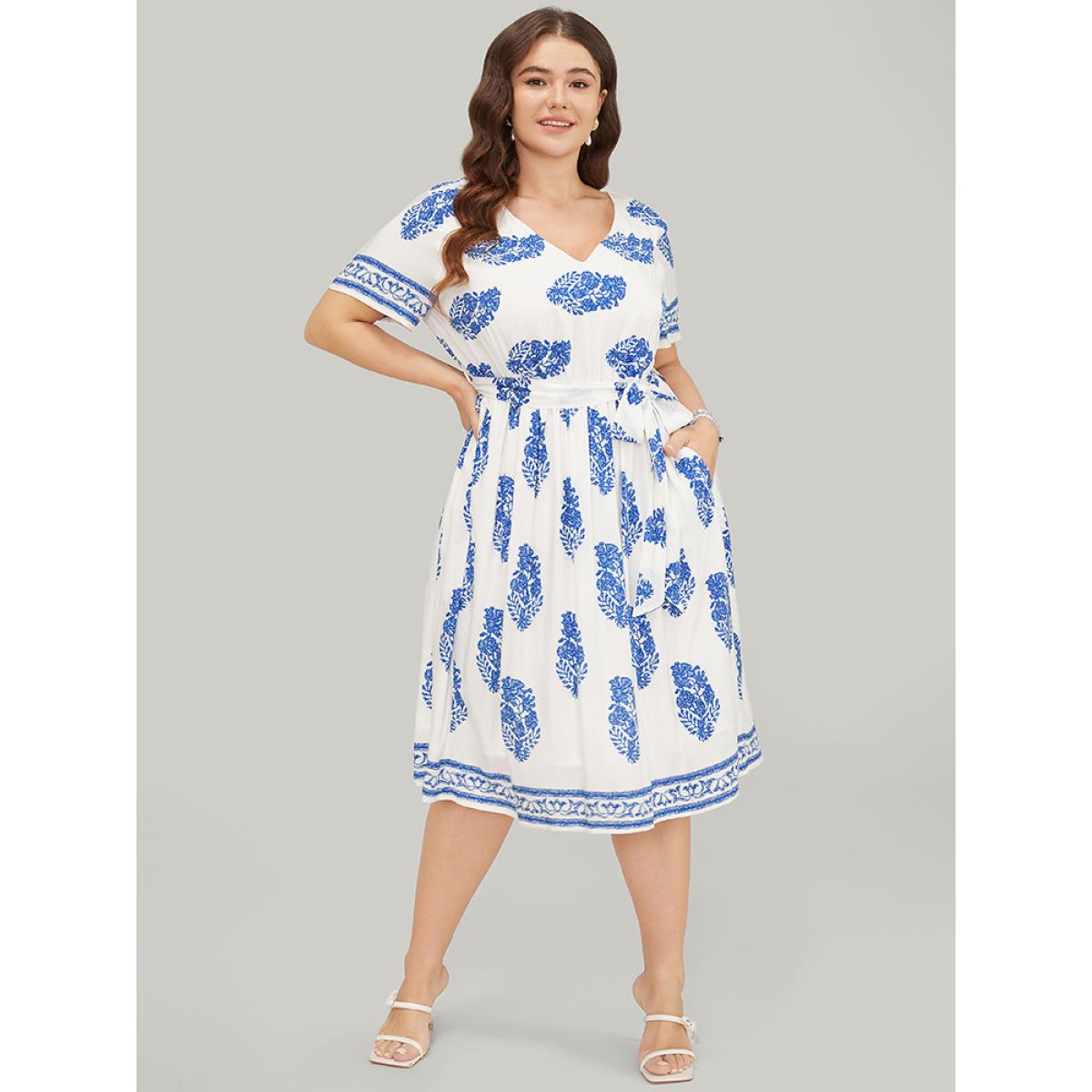 Plus Size Floral Print Pocket Belted Ruffle Hem Knee Dress Blue Women Vacation Printed V-neck Short sleeve Curvy Knee Dress BloomChic 22-24/3X Product Image