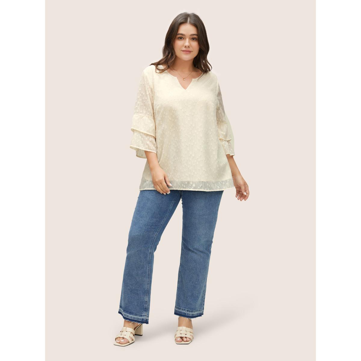 Plus Size Ivory Plisse Mesh Flutter Layered Sleeve Blouse Women Elegant Elbow-length sleeve V-neck Everyday Blouses BloomChic 22-24/3X Product Image