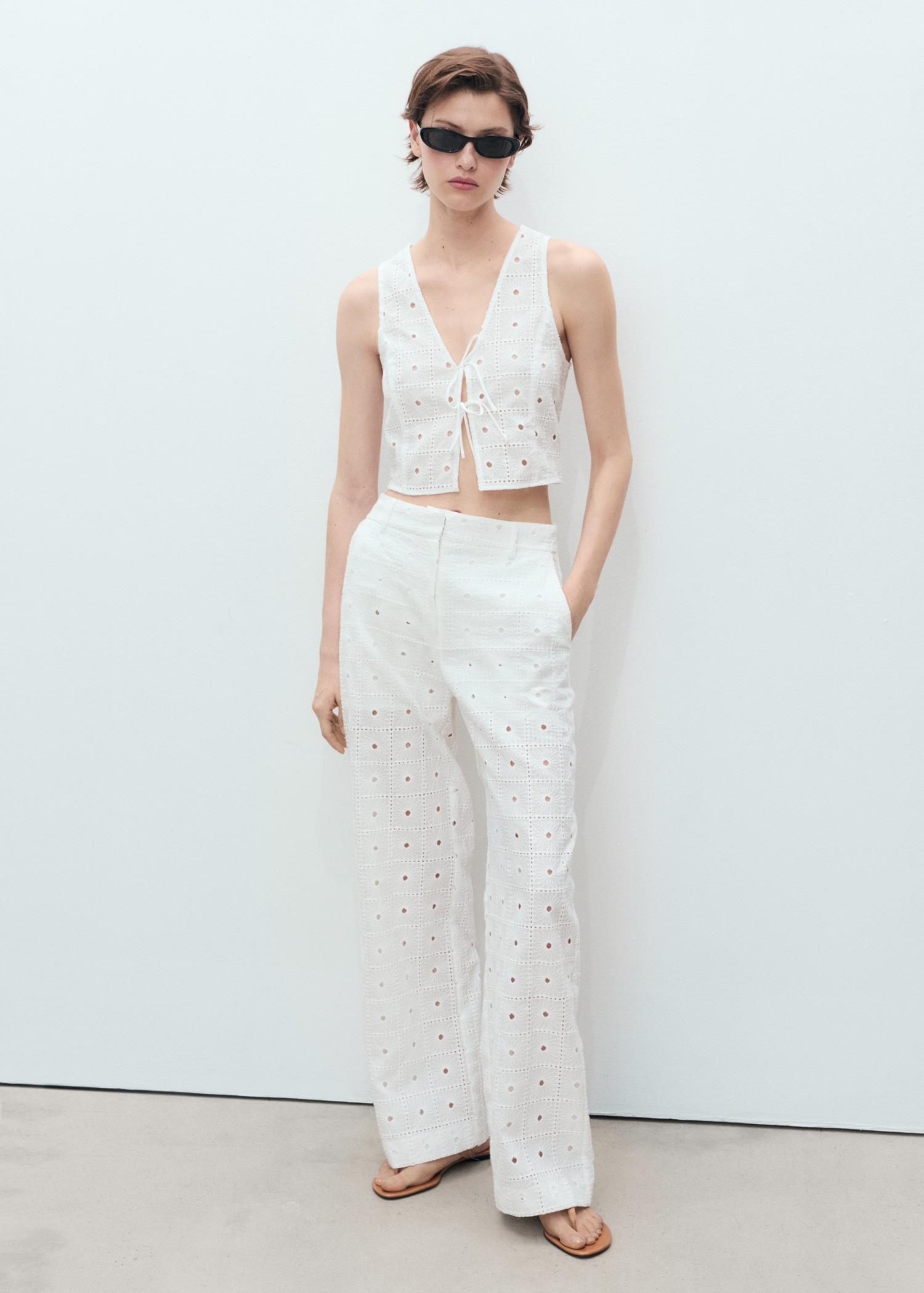 Straight-fit embroidered cotton pants - Women | MANGO USA Product Image