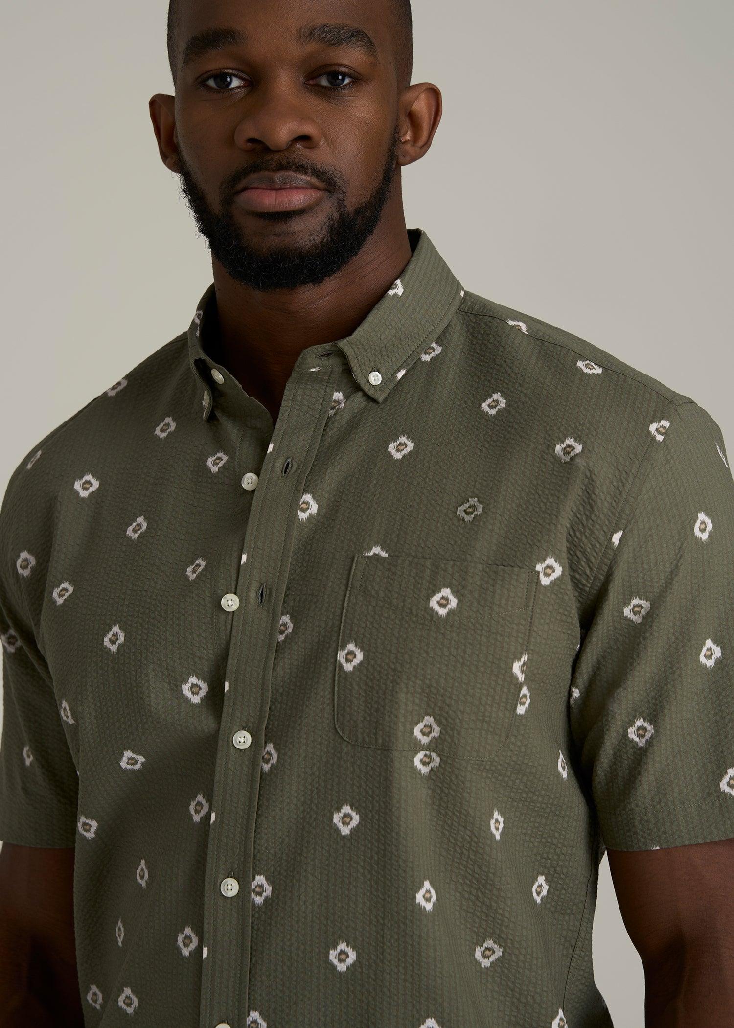 Seersucker Short Sleeve Shirt for Tall Men in Olive and Beige Floral Male Product Image