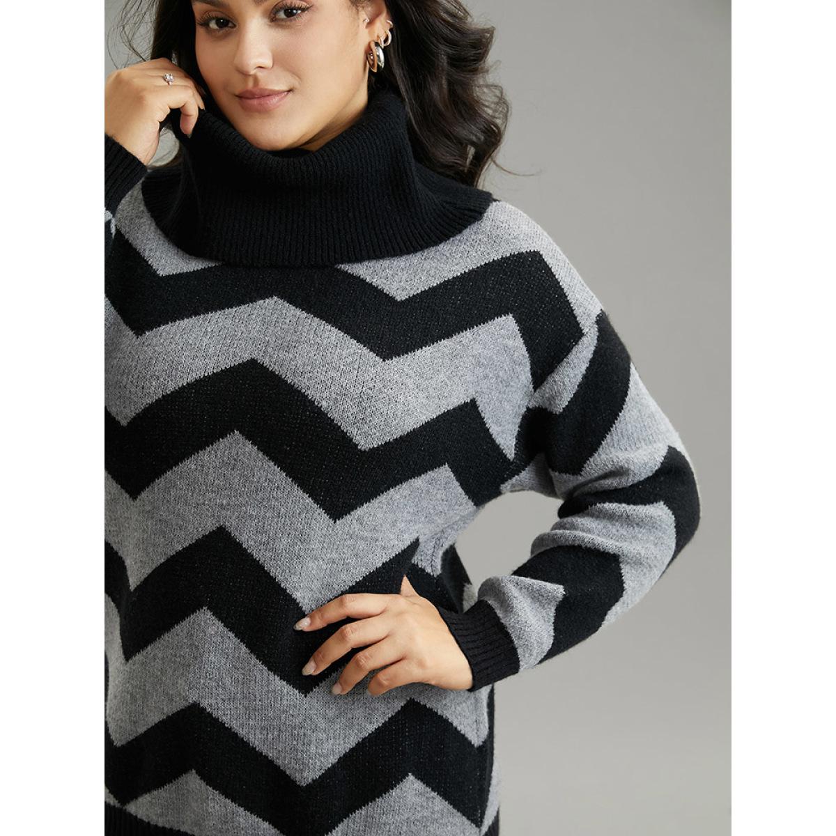 Plus Size Geo Striped Turtle Neck Drop Shoulder Pullover Black Women Casual Loose Long Sleeve Turtleneck Dailywear Pullovers BloomChic 18-20/2X Product Image