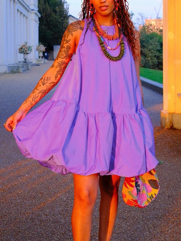 High Waisted Loose Pleated Solid Color Round-Neck Mini Dresses Product Image