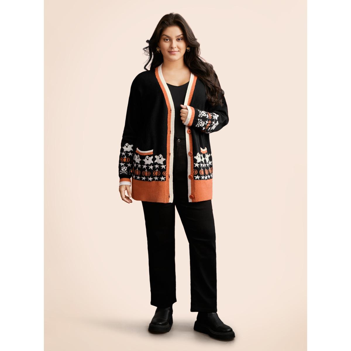 Plus Size Supersoft Essentials Happy Hauntings Contrast Placket Cardigan Black Women Casual Loose Long Sleeve Everyday Cardigans BloomChic 14-16/1X Product Image