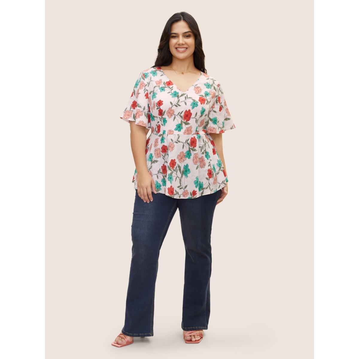 Plus Size Multicolor V Neck Floral Print Ruffle Sleeve Blouse Women Elegant Short sleeve V-neck Everyday Blouses BloomChic 10/M Product Image