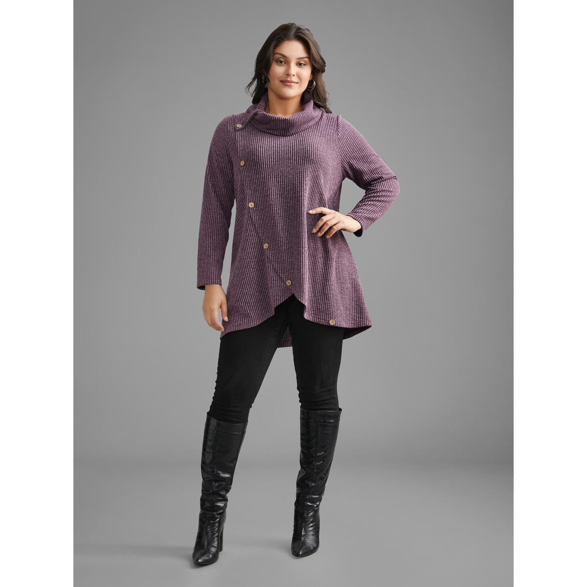 Plus Size Rib Knit Button Detail Wrap Hem Sweatshirt Women Mauve Leisure Overlapping Loose Ruffled collar Casual Sweatshirts BloomChic 12/L Product Image
