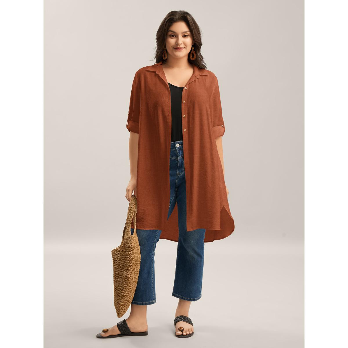 Plus Size Browncoffeecolor Front-Open Long Basic Blouse Women Leisure Long Sleeve Shirt collar Vacation Blouses BloomChic 14-16/1X Product Image