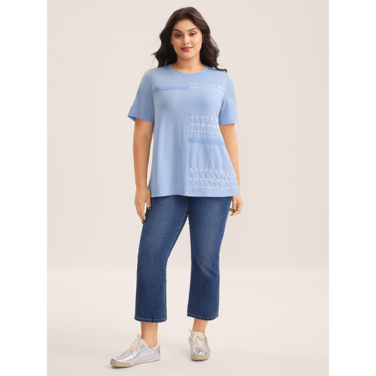 Plus Size Embroidered Lace Spliced Solid T-Shirt LightBlue Women Woven ribbon&lace trim Round Neck Everyday-Casual T-shirts BloomChic 30/6X Product Image