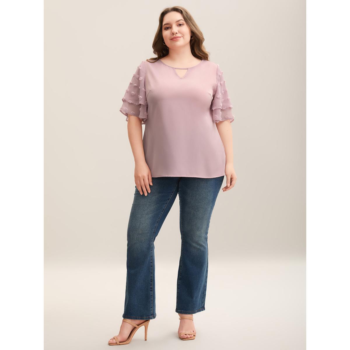 Plus Size Dirtypink Textured Layered Ruffle Sleeve Keyhole Blouse Women Elegant Half Sleeve Round Neck Everyday Blouses BloomChic 30/6X Product Image