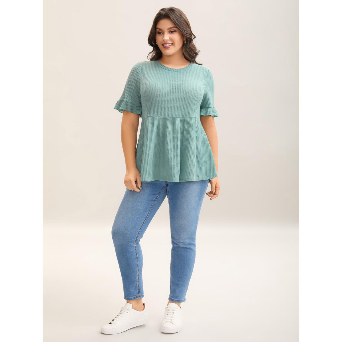 Plus Size Waffle Lotus Leaf Hem T-Shirt Turquoise Women Texture Round Neck Everyday-Casual T-shirts BloomChic 18-20/2X Product Image