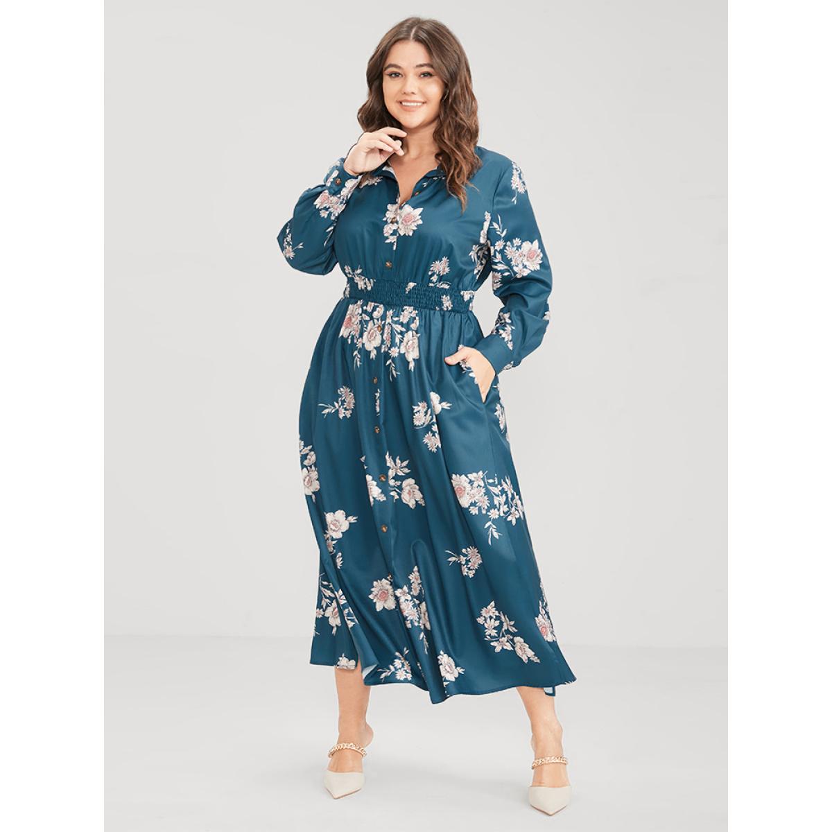 Plus Size Floral Button Up Pocket Split Shirred Shirt Collar Dress Aegean Women Elegant Printed Shirt collar Long Sleeve Curvy Midi Dress BloomChic 14-16/1X Product Image