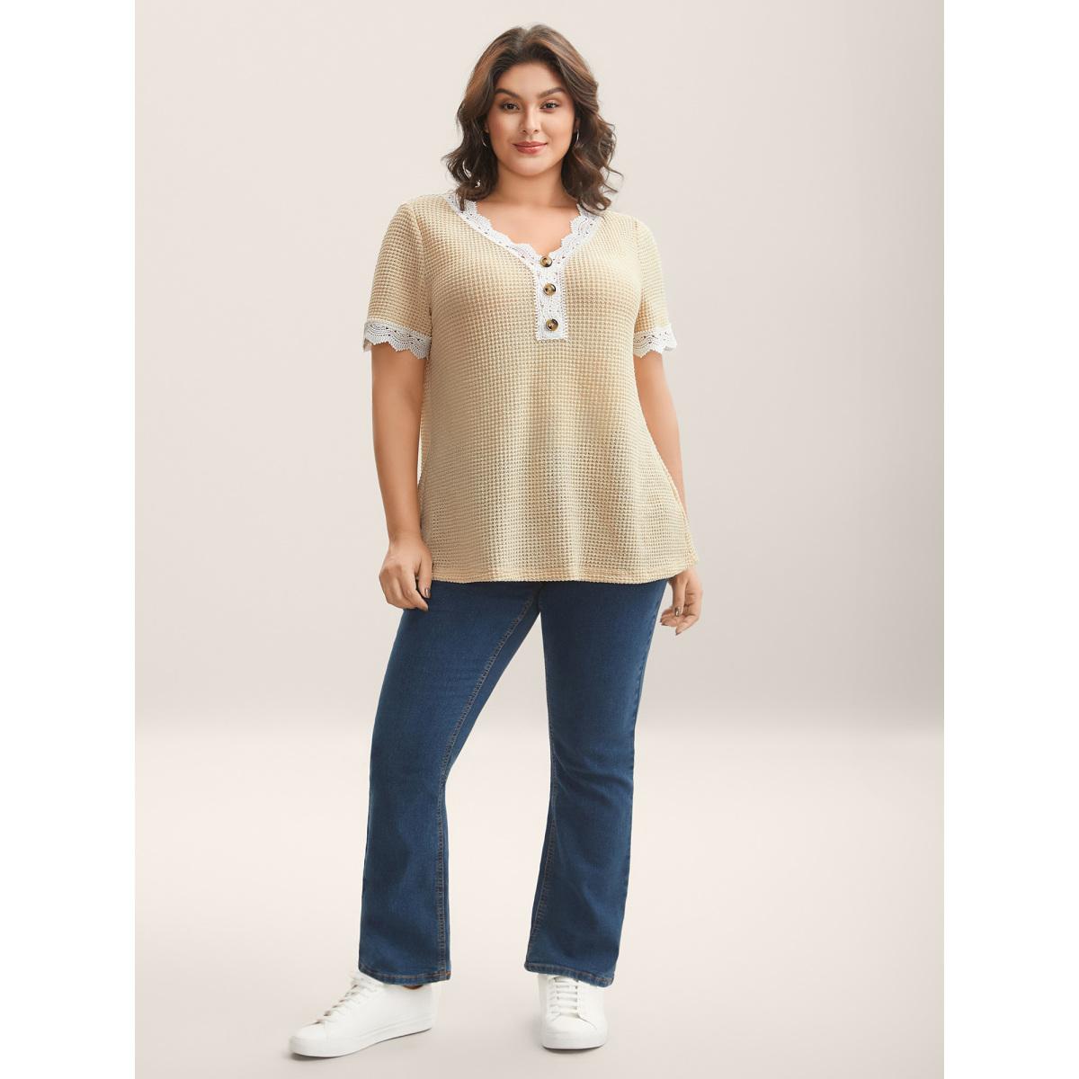 Plus Size Sheer Waffle Textured Lace Trim T-Shirt Beige Women Woven ribbon&lace trim V-neck Everyday-Casual T-shirts BloomChic 22-24/3X Product Image