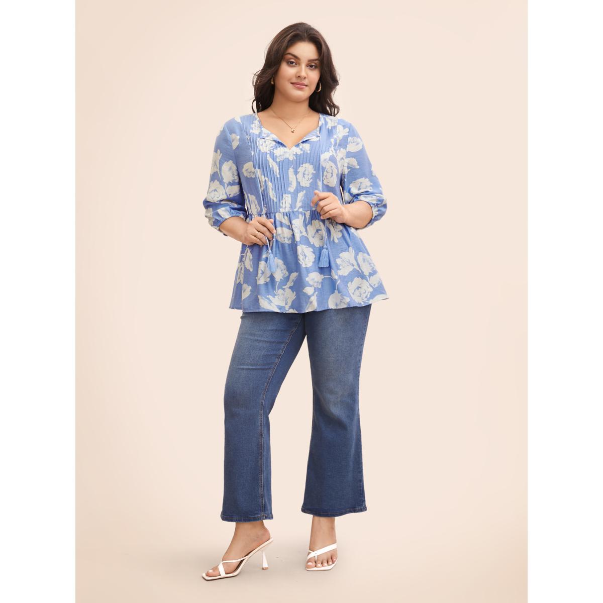 Plus Size LightBlue Floral Pleated Tassel Trim Lantern Sleeve Blouse Women Elegant Elbow-length sleeve V-neck Everyday Blouses BloomChic 18-20/2X Product Image