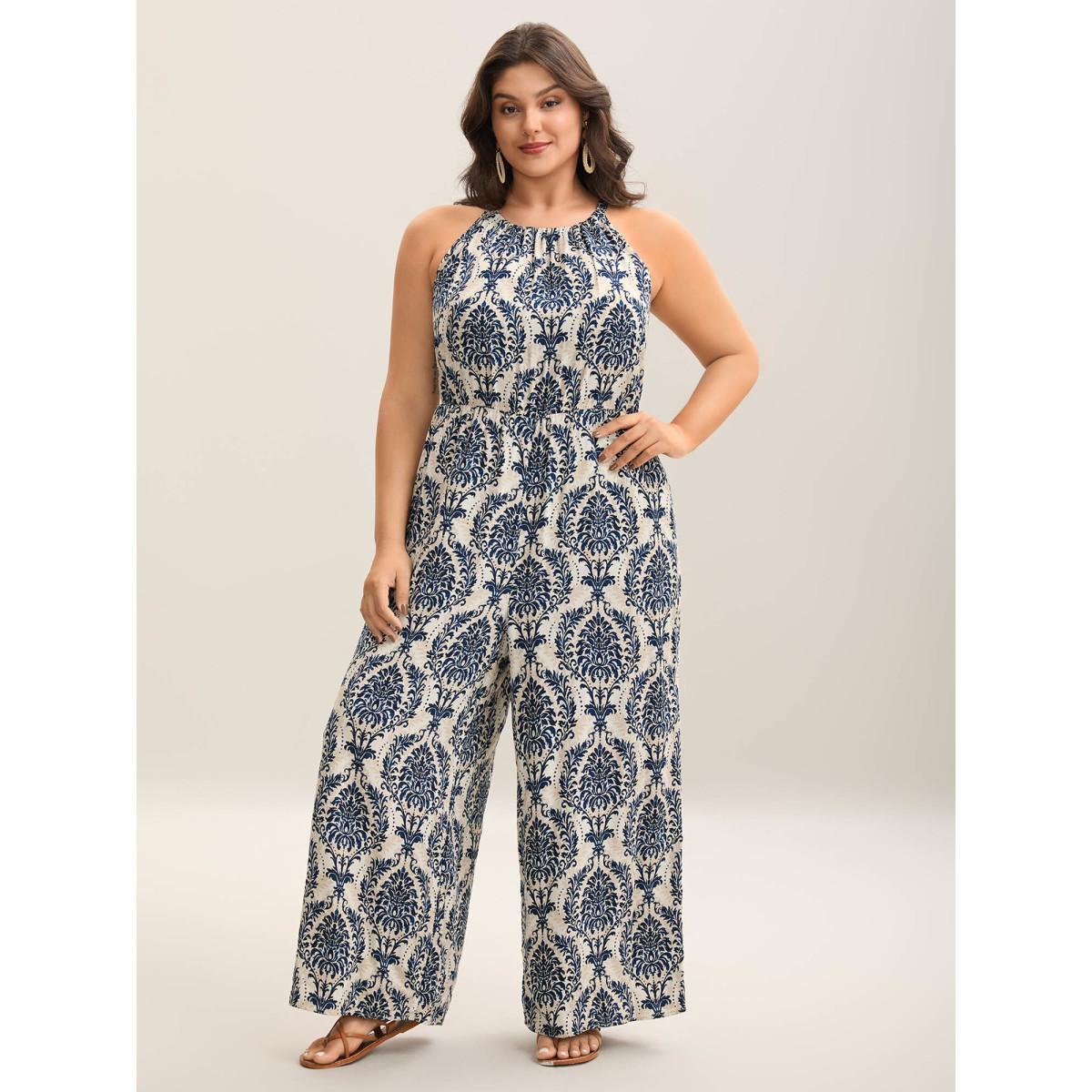 Plus Size DarkBlue Rayon Damask Print Stretchy Waist Jumpsuit Women Boho Sleeveless Halter neck Vacation Loose Jumpsuits BloomChic 10/M Product Image