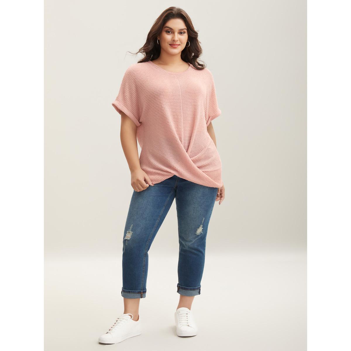 Plus Size Stretchy Hem Twist Textured Plain T-Shirt Nudepink Women Leisure Twist Round Neck Casual T-shirts BloomChic 18-20/2X Product Image