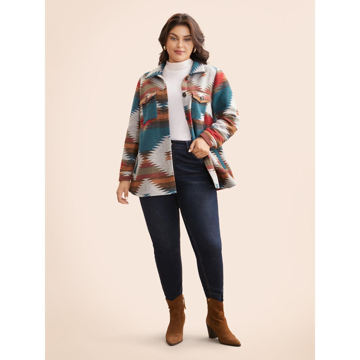 Plus Size Geometric Contrast Flap Detail Jacket Women Multicolor Contrast Loose Slanted pocket Everyday Jackets BloomChic 14-16/1X Product Image