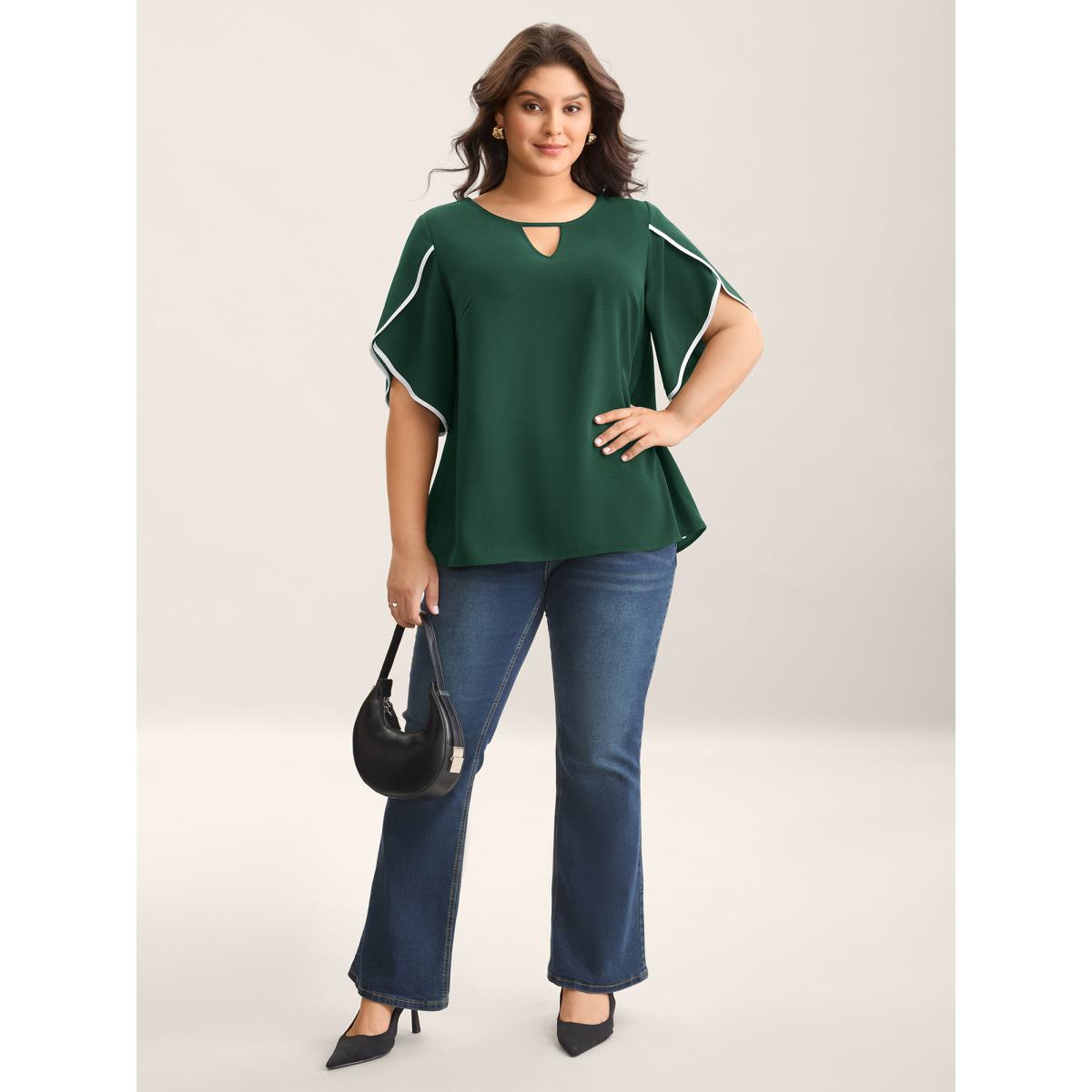 Plus Size DarkGreen Color Contrast Petal Sleeve Shirt Women Office Half Sleeve Round Neck Office Blouses BloomChic 14-16/1X Product Image