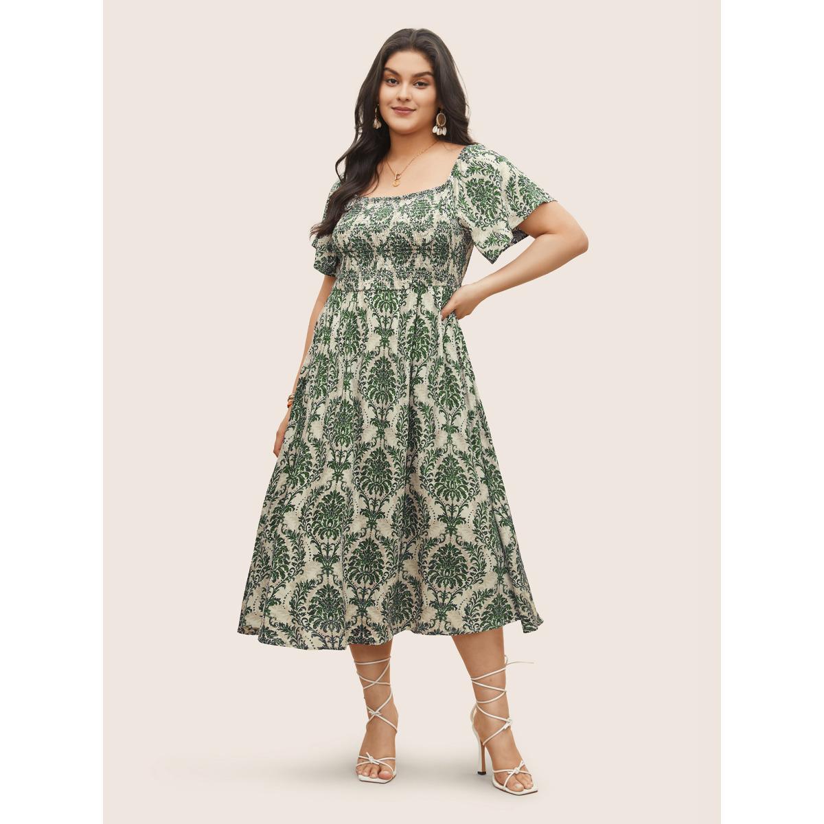 Plus Size Bandana Print Shirred Off Shoulder Dress Moss Women Resort Non One-shoulder neck Short sleeve Curvy Midi Dress BloomChic 12/L Product Image