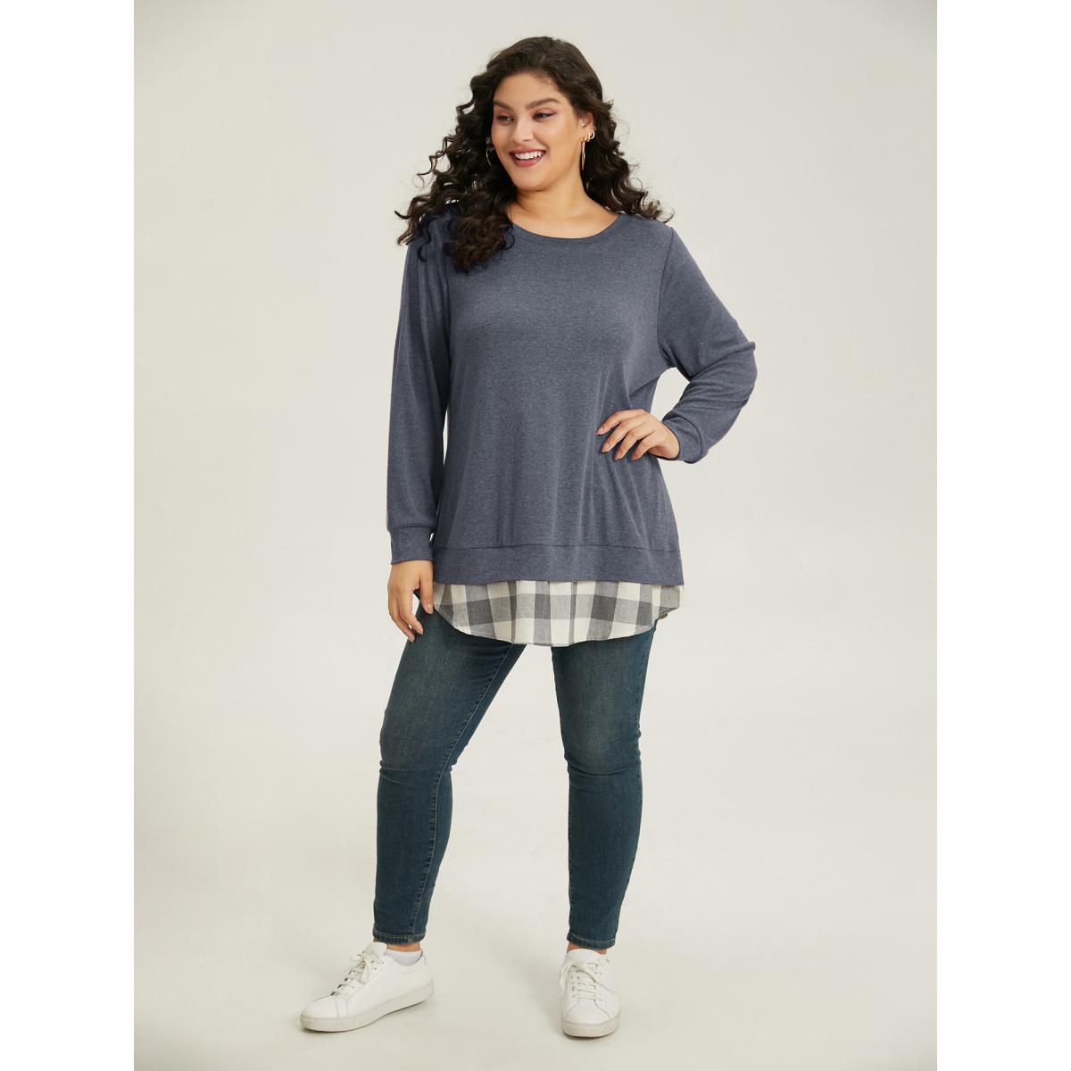 Plus Size Heather Plaid Patchwork Crew Neck T-shirt Blue Women Casual Heather Plaid Round Neck Everyday T-shirts BloomChic 18-20/2X Product Image