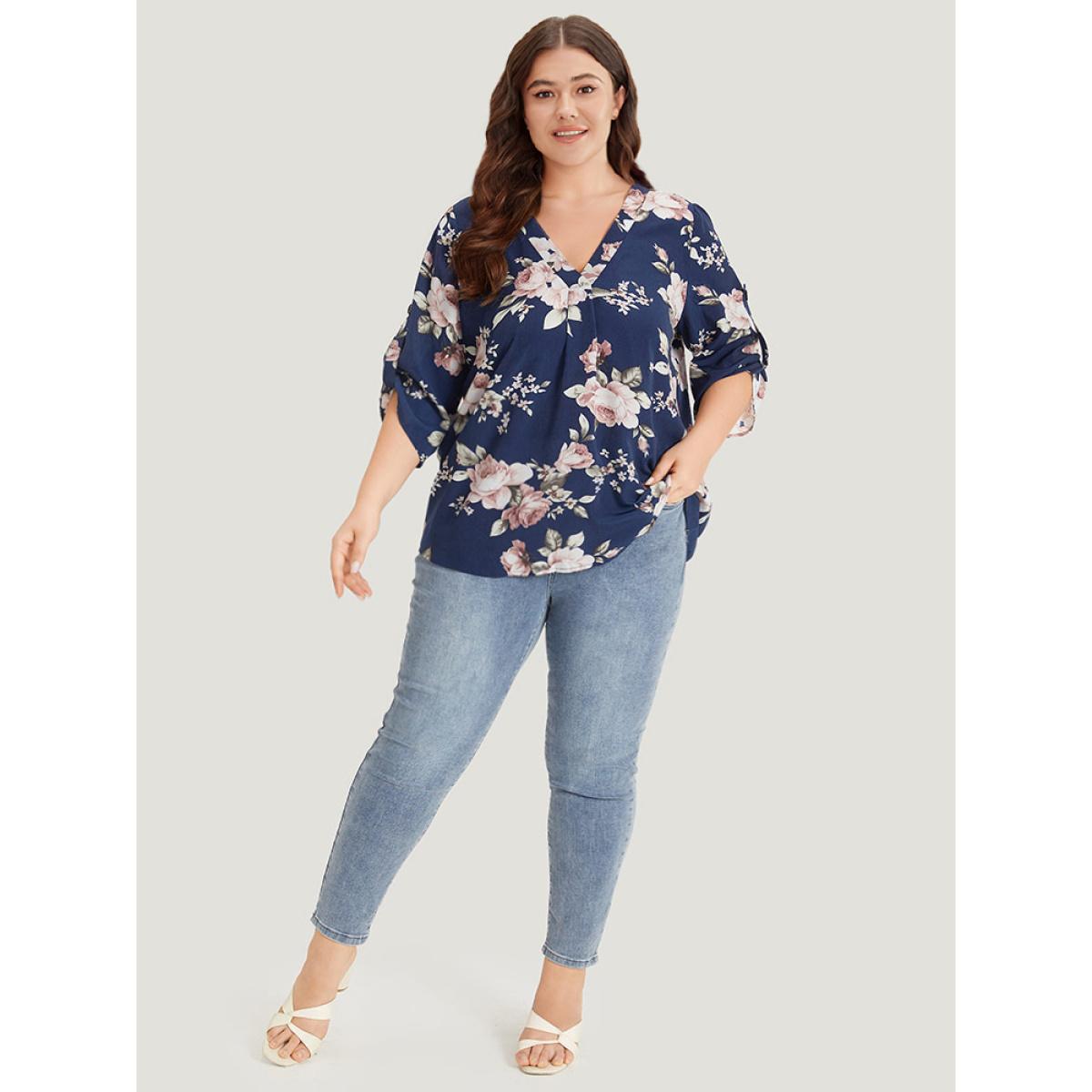 Plus Size Indigo Floral Print V Neck Plicated Detail Tab Sleeve Blouse Women Elegant Half Sleeve V-neck Dailywear Blouses BloomChic 10/M Product Image