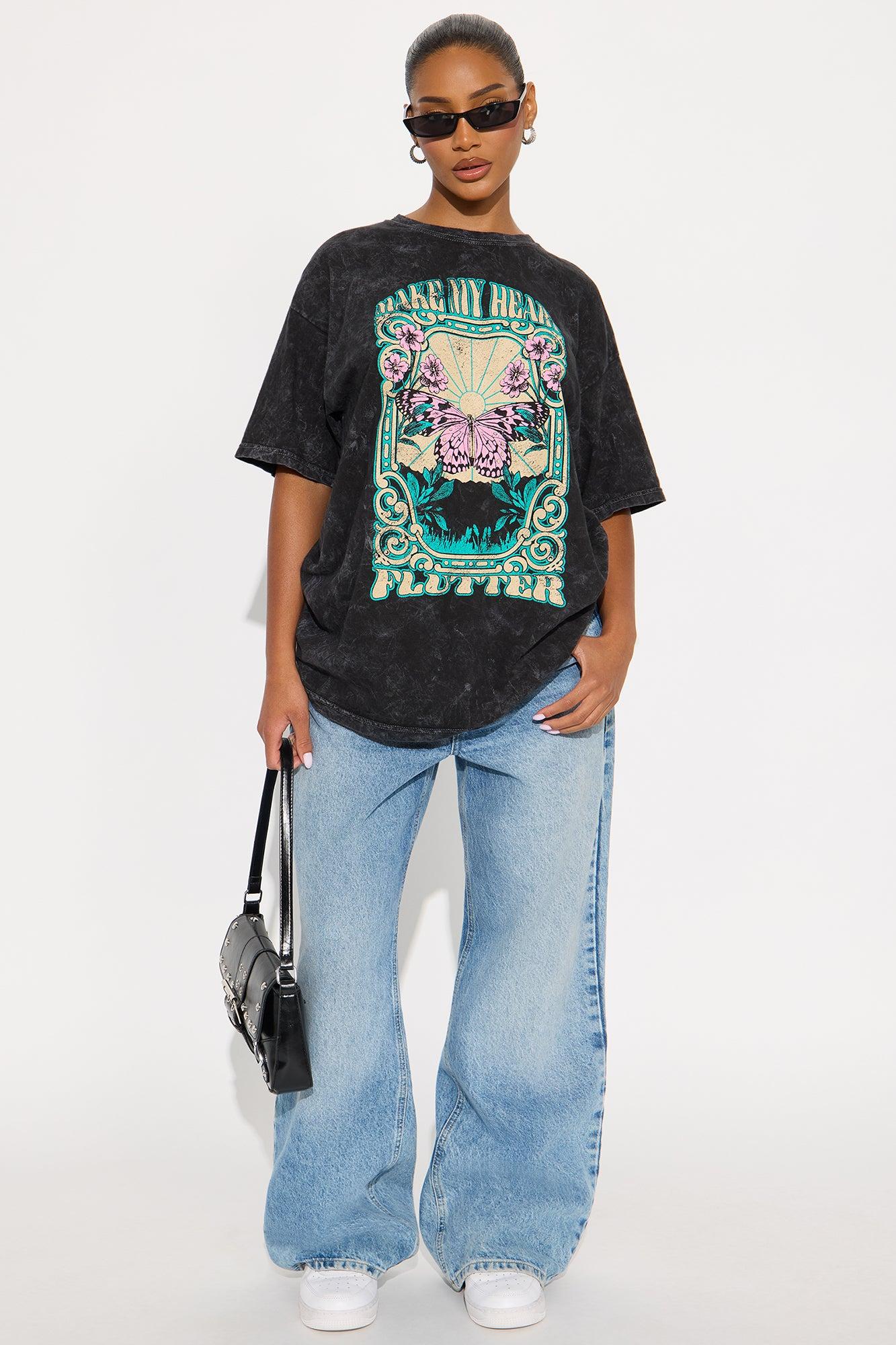 Make My Heart Flutter Washed Tee - Black Female Product Image